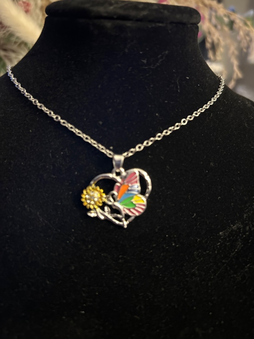 Silver Heart Pendant Necklace with Colorful Butterfly and Yellow Flower